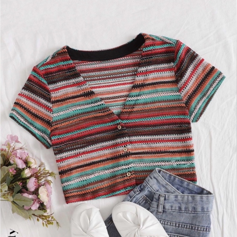Striped Multicolor V-Neck Crochet Crop Top